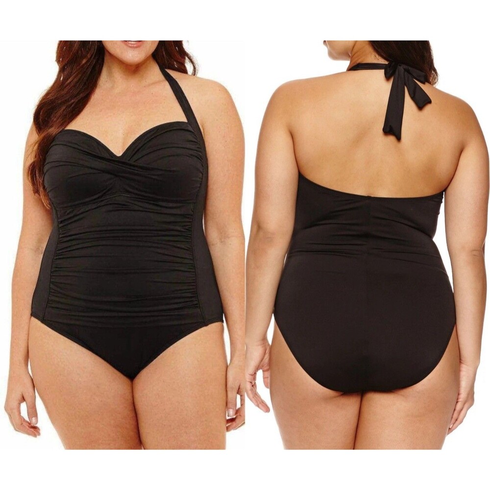 Liz Claiborne [ 22W] Sweetheart Halter One Piece Swimsuit Black size 22W